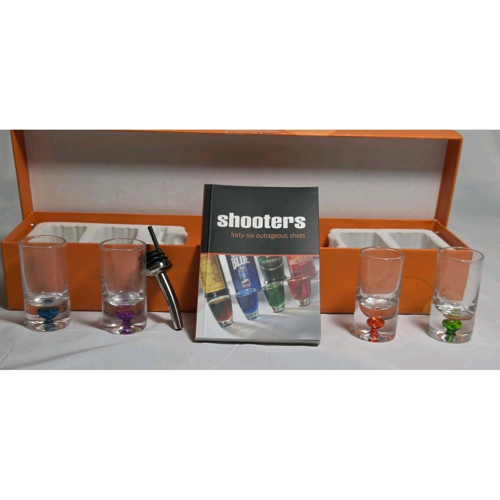 SpiceBox Shooters Bar Set 4pc Colorful Shot Glasses, Pour Spout, Recipe Book